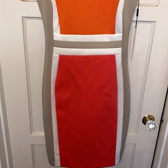 CALVIN KLEIN COLORBLOCK SCUBA BANDAGE SHIFT DRESS SZ 2 SUMMER ORANGE PINK - Picture 6 of 9